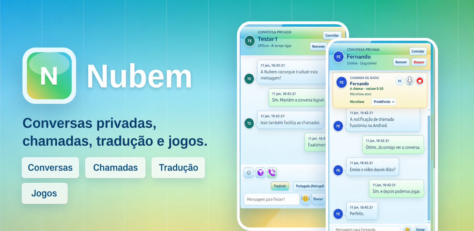 Interface da Nubem em português com conversas, tradução e chamadas